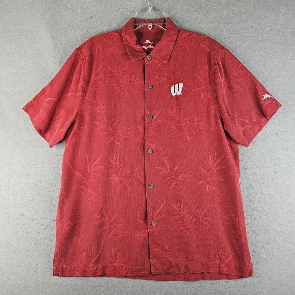 Wisconsin Badgers Shirt Mens 2XL Red NCAA College Tommy Bahama Silk Palm Camp